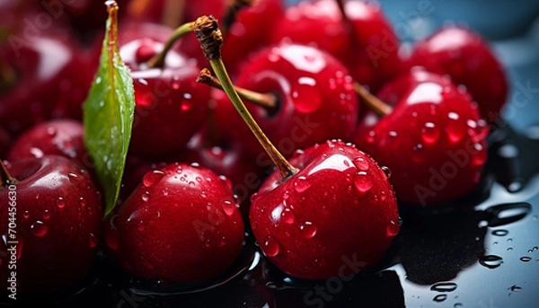 Fototapeta groups of cherries in drops of water and against a blurred background macro shot. 