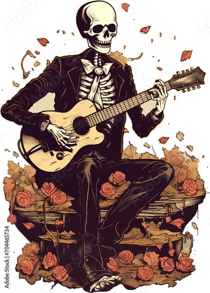 Fototapeta T-shirt design, Very funny digital illustration featuring a skeleton wearing a suit, skillfully playing the guitar on a pile of skeletons and flowers, transparent background