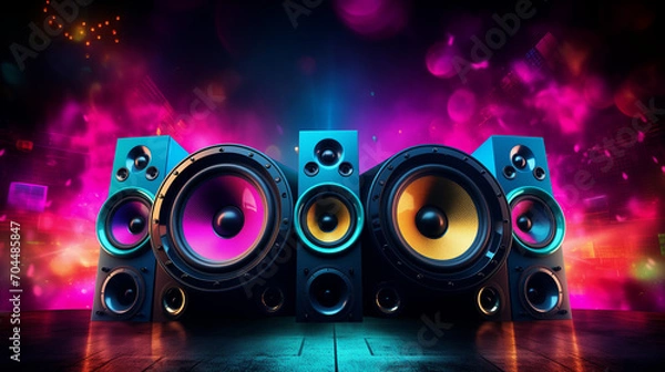 Fototapeta Disco party flyer, Dj in the nightclub, Background with speakers, Disco party vibe Colorful speakers in the background creating excitement, Electrifying Night A Black, Pink, Blue, and Music Party, Ai 