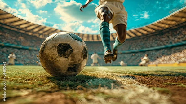 Fototapeta Vintage Football Elegance: Sharp Focus on Soccer Ball, Blurred Legs of Player, and Stadium in Background