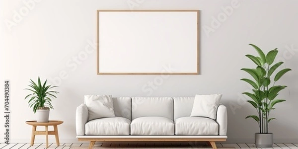 Fototapeta Minimalist living room with empty white wall and blank picture frame.