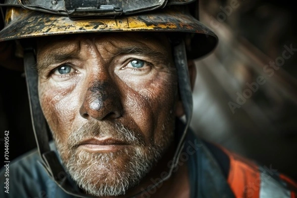 Fototapeta A seasoned adventurer gazes intently, his weathered face framed by a protective helmet, exuding strength and determination through the wrinkles of his well-worn clothing