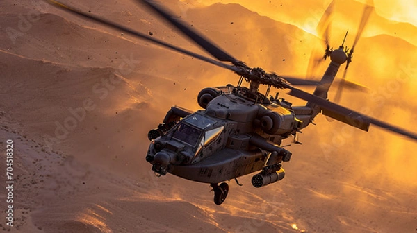 Fototapeta military attack helicopter, AH-64 Apache, hovering in a desert landscape at sunset, rotors in motion