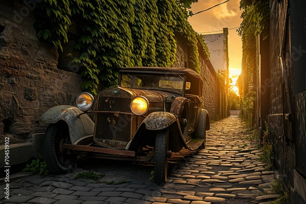 Fototapeta Classic 1920s car, photorealistic, rusted but majestic, parked in a cobblestone alley, ivy-covered walls