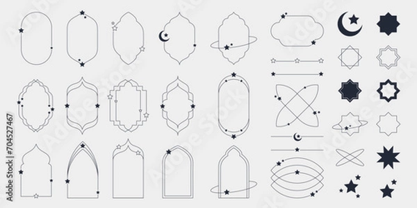 Fototapeta Islamic modern minimalist aesthetic linear set elements. Arch frames with stars and crescent. Lineart geometric shapes. Boho line art vector illustration for social media, poster