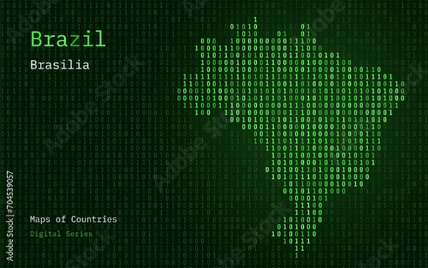 Fototapeta Brazil Green Map Shown in Binary Code Pattern. TSMC. Matrix numbers, zero, one. World Countries Vector Maps. Digital Series