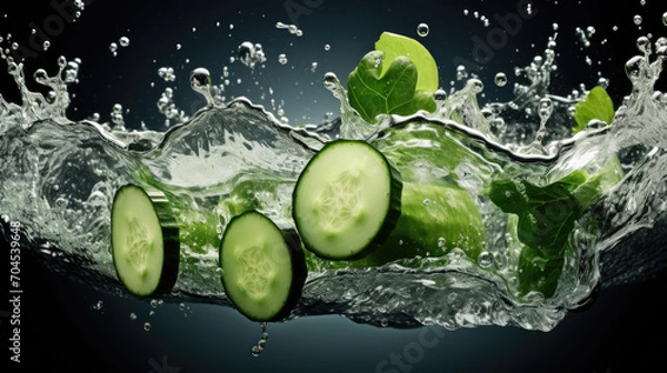 Fototapeta Smooth fresh organic sliced green Cucumber Vegetables falling into the water and splashing