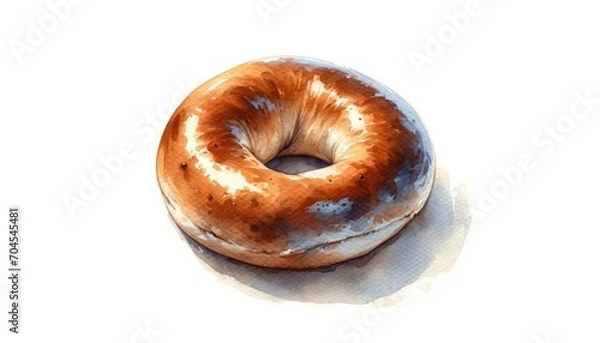 Fototapeta Watercolor painting of a Bagel, with soft, muted colors and a slightly smudged effect on a white background.

