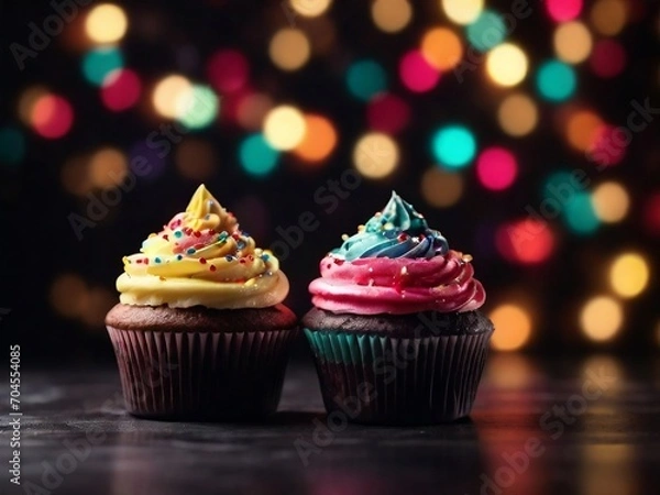 Fototapeta Two delightful cupcakes adorned with love-themed decorations, perfect for inviting someone to a romantic Valentine's dinner. Ample copy space available.