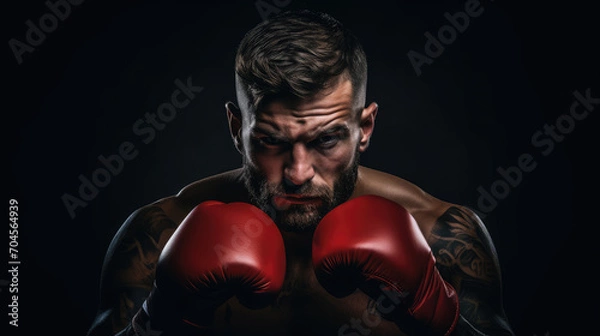 Fototapeta muscular handsome male boxer in boxing gloves on a black background, studio photo, portrait of an athlete, training, face, brutal, strong man