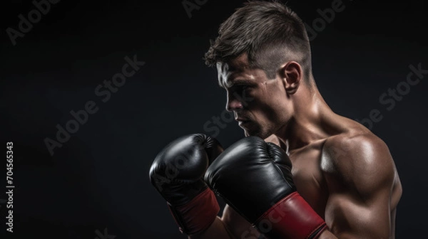 Fototapeta muscular handsome male boxer in boxing gloves on a black background, studio photo, portrait of an athlete, training, face, brutal, strong man