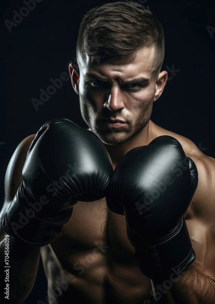 Fototapeta muscular handsome male boxer in boxing gloves on a black background, studio photo, portrait of an athlete, training, face, brutal, strong man