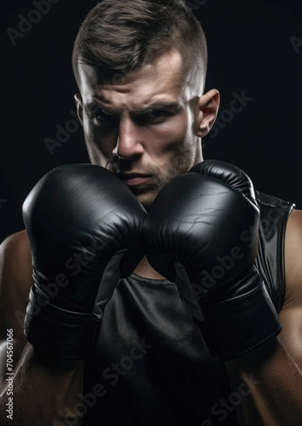 Fototapeta muscular handsome male boxer in boxing gloves on a black background, studio photo, portrait of an athlete, training, face, brutal, strong man