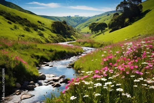 Fototapeta A picturesque scene of a stream gently flowing through a lush green hillside, A lush valley filled with wildflowers and a bubbling brook, AI Generated