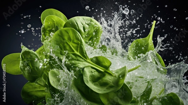 Fototapeta Smooth Fresh organic raw green Spinach Vegetables falling into water and splashes