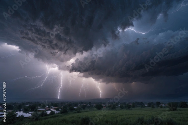 Fototapeta Lightning from a thundercloud at night in the countryside. During the thunderstorm, several lightning strikes.
