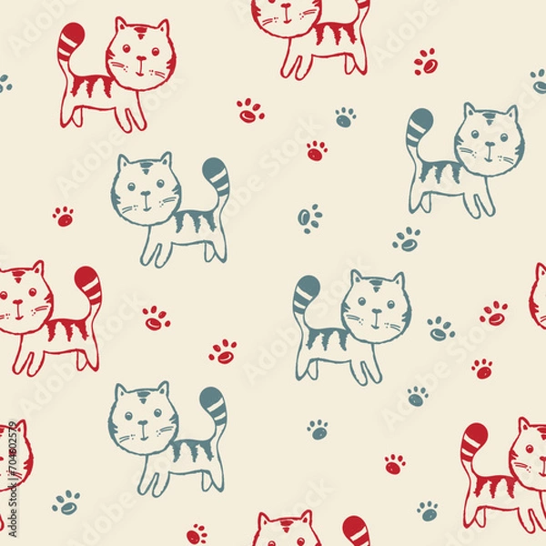 Fototapeta Seamless pattern with cute kitten print. Different scandy cats on color background. Scandinavian style illustration for kids. Vector illustration for fabric, textile, wallpaper, home clothing, pajama
