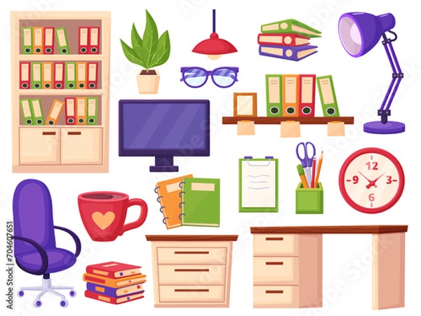 Fototapeta Office furniture and stationery. Modern cabinet or classroom equipment. Desk, work chair and bookshelf with paper folders, nowaday vector set