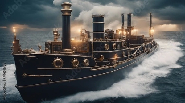 Fototapeta A steam-powered boat with metal gears and pipes, navigating through a sea  