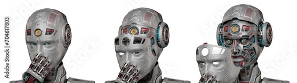 Obraz Detailed futuristic robot man or humanoid cyborg removes his face mask showing vey complex mechanism of his head with many gears. 3d rendering isolated on transparent background. Set of three poses	