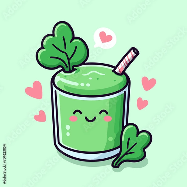 Obraz Healthy green smoothie with spinach and hearts, Cute cartoon character. kawaii vector illustration, generative ai