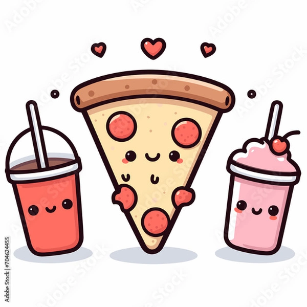 Obraz Fast food pizza and milkshake character, kawaii cartoon vector illustration graphic design, generative ai