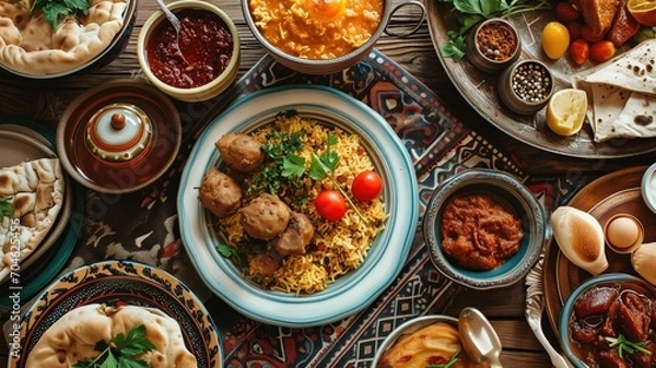 Obraz Top view of Iftar or Suhoor served in Ramadan
