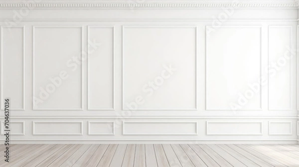 Fototapeta Empty white panelling wall background, classical design, with light colored floors. Mock up