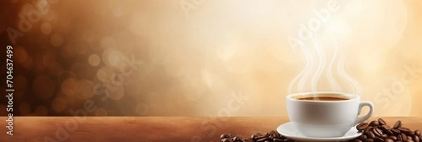 Fototapeta Cup of hot coffee with coffee beans on brown background.Long photo banner for website header design with copy space. Cafe menu concept idea background.