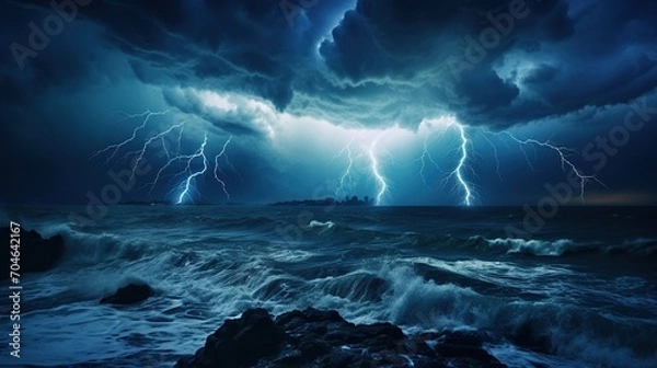Fototapeta Majestic lightning bolts illuminate dark storm clouds above a churning ocean at night, showcasing nature's fury.
