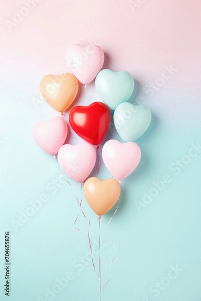 Fototapeta Colorful heart shaped balloons on pastel blue background with copy space.