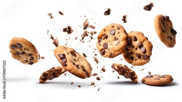 Fototapeta Falling broken chocolate chip cookies isolated on white background