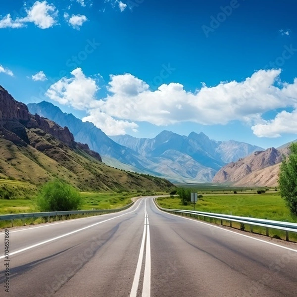 Fototapeta Scenic view of an empty asphalt road through green fields and mountains