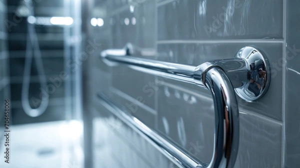 Fototapeta Closeup of a Curved, Chrome, Grab Hand Rail For Bathroom Shower, Bath or Toilet, handrail safety grab bar, security for handicapped, disabled people, accessibility for patients and the elderly. 