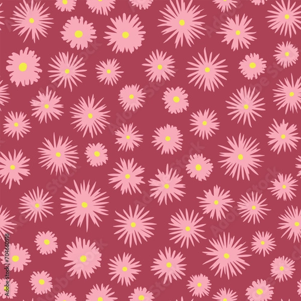 Fototapeta Random placed flower crown seamless repeat pattern. Vector bloomy botany all over surface aop print on pink background.