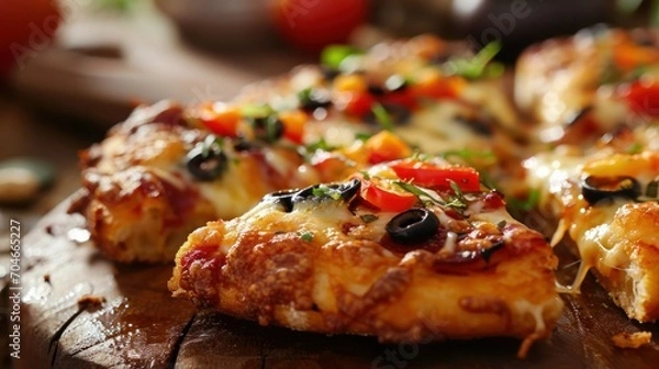Fototapeta  a close up of a slice of pizza on a cutting board with tomatoes, olives, and other toppings.