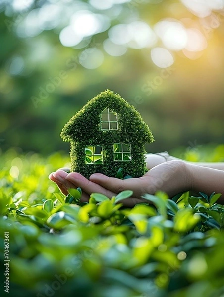 Fototapeta Holding a small miniature house model with both hands against the backdrop of green forests and parks. sustainability and eco-friendly living. generative AI