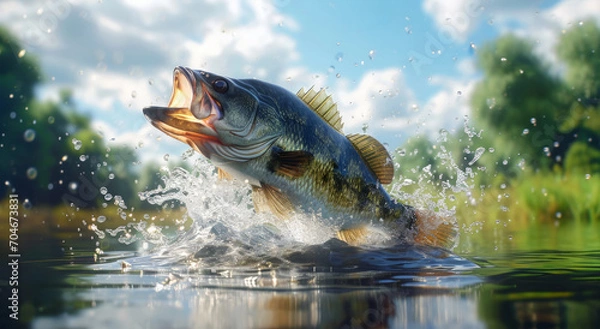Fototapeta Largemouth Jumping Toward Lure created with Generative AI Technology, ai, generative