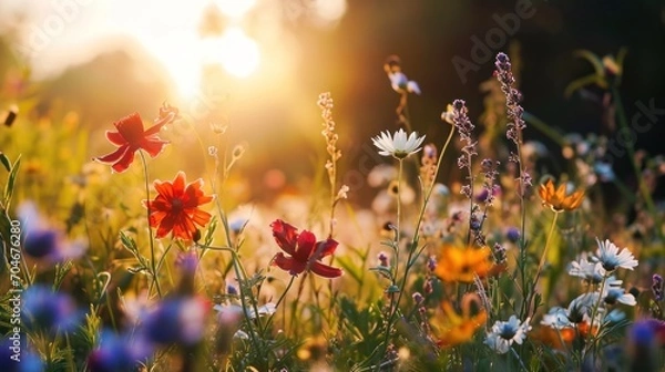 Fototapeta  a field of wildflowers with the sun shining through the trees in the background and a field of wildflowers in the foreground.