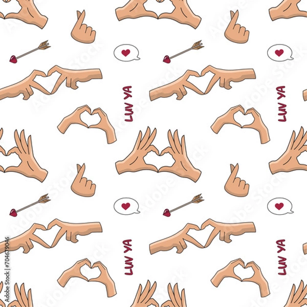 Obraz Seamless vector pattern with hands making a heart shape. Love pattern with hands. Valentines day pattern.