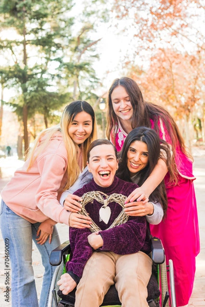 Fototapeta Inspire inclusion IWD2024, diversity with disability feminist group. Heart health hand symbol
