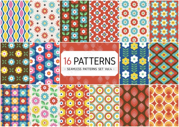 Obraz 16種類のレトロな花柄背景パターンセット（背景色は変更可）