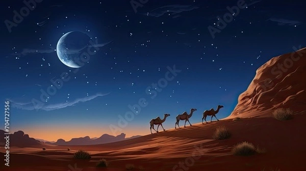 Fototapeta Camels in the desert at night with stars and moon