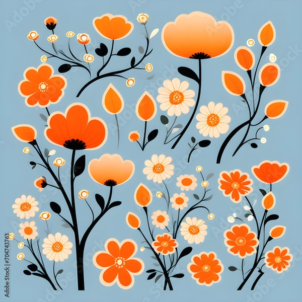 Obraz 주황색 꽃 디자인, 세트