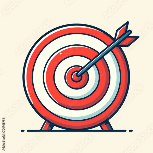 Fototapeta Vector target arrow that is centered, indicating perfect achievement or success. Background of the image is a light beige color, providing a good contrast to the bright colors of the target and arrow