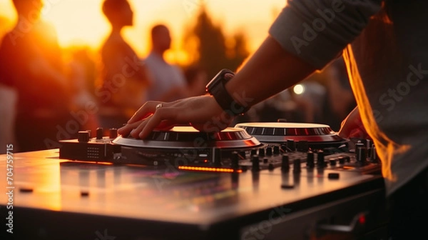 Obraz Dj mixing music, DJ Hands creating and regulating music on dj console mixer in concert outdoor, Ai generated image