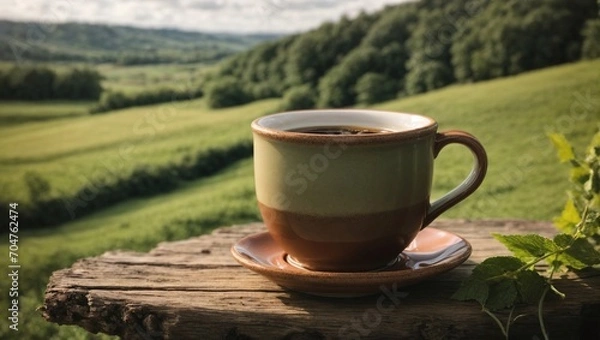 Fototapeta A rustic coffee cup in a serene countryside setting, surrounded by nature Generative AI
