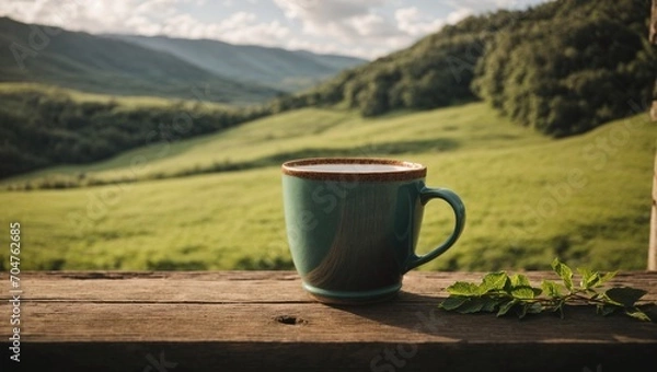 Fototapeta A rustic coffee cup in a serene countryside setting, surrounded by nature Generative AI