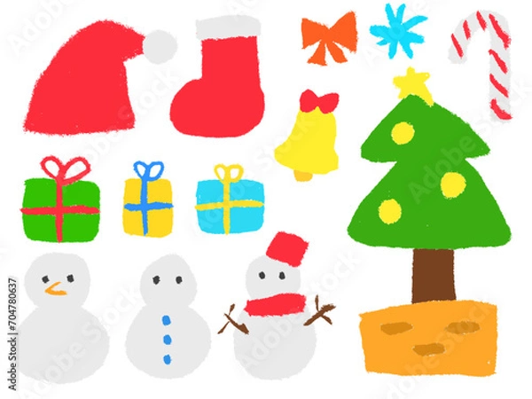 Obraz 子どもがクレヨンで描いたようなクリスマスの手書き風イラストセット（ベクター版）