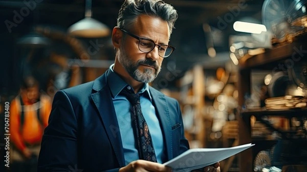 Fototapeta Elegant businessman in eyeglasses reading documents in his shop